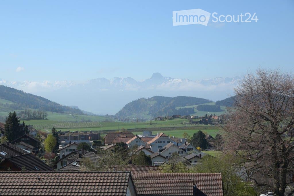 A panoramic view of a village with traditional houses and red-tiled roofs, surrounded by green fields and distant mountains under a clear blue sky.