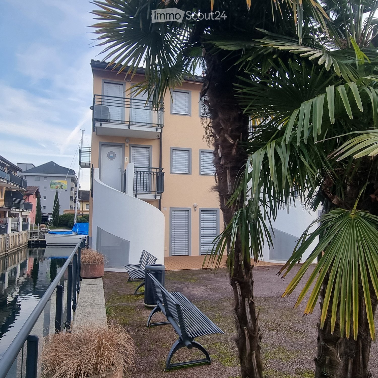 A small outdoor area with a bench, trash can, potted plant, and a palm tree near a waterfront with a modern building in the background.