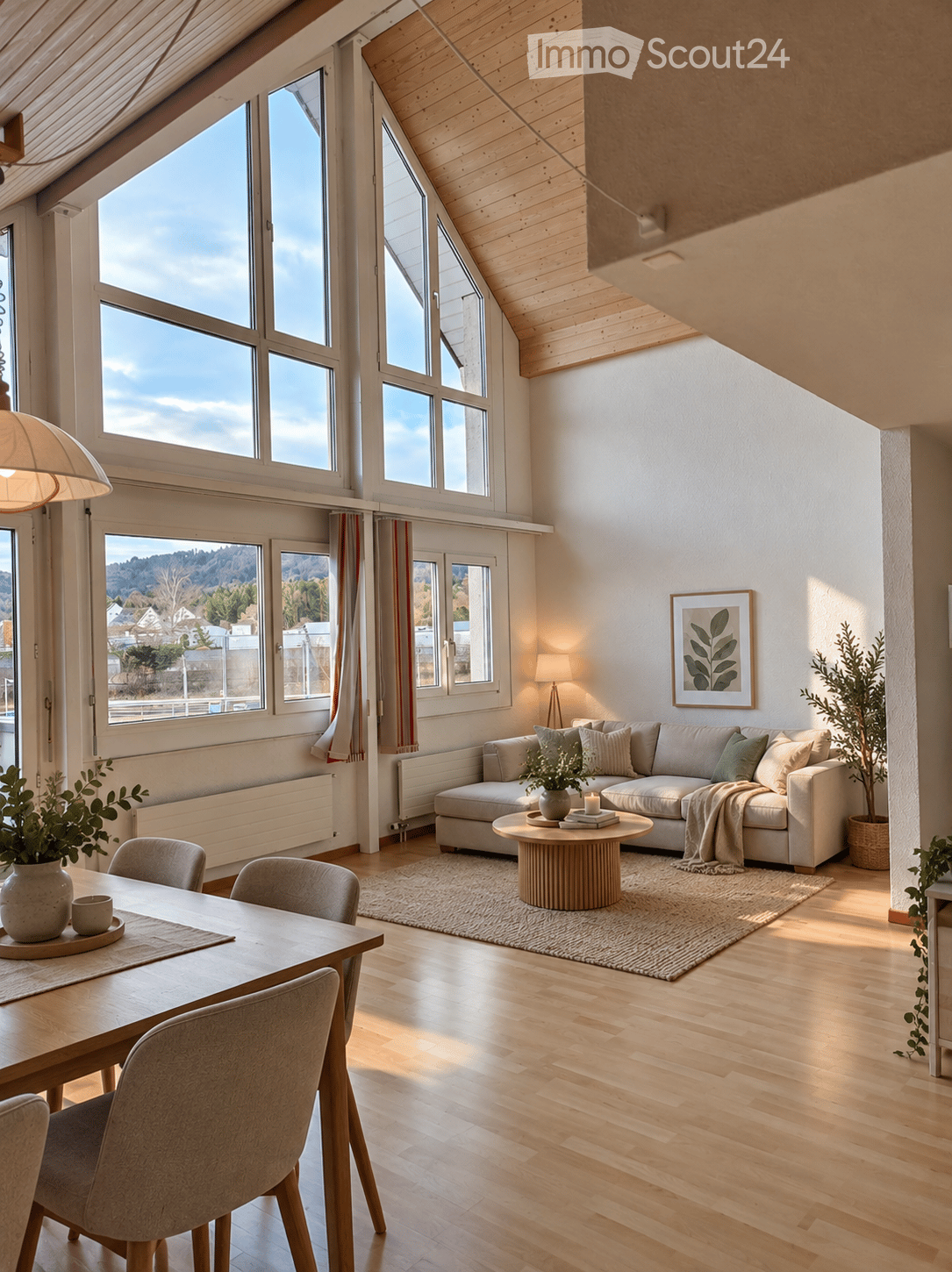 Bright, airy living and dining area with wooden floors, large windows, a grey sectional sofa, a round coffee table, a dining table with chairs, and decorative plants.