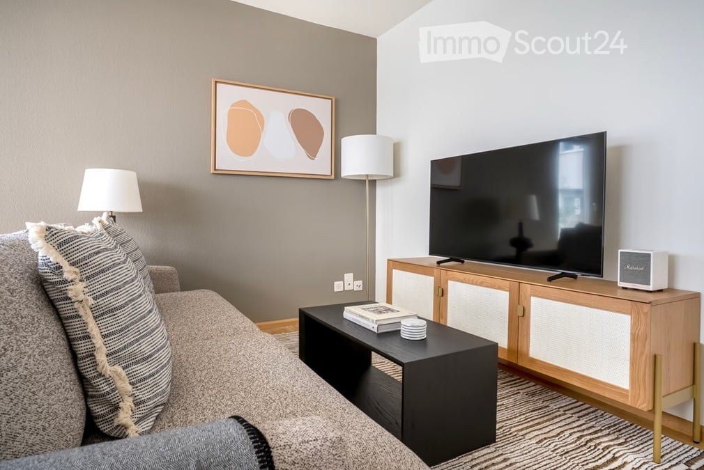 Modern living room with a grey sofa, coffee table, floor lamps, flat-screen TV on a wooden stand, and a decorative picture frame on the wall.