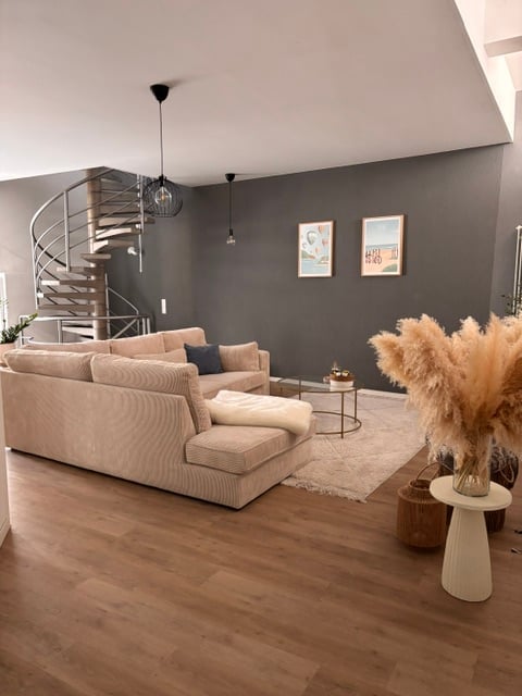 Modern living room with light-colored sofa, coffee table, floor lamp, and decorative items including a vase with dried plants and a small basket. The room features wooden flooring and a dark grey accent wall with framed artwork.