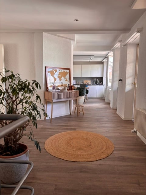 A modern, well-lit hallway leading to a kitchen area. The hallway features a round woven rug on a wooden floor, a small table with a plant and a map, and a chair. The kitchen area has white cabinets and a countertop with various items.