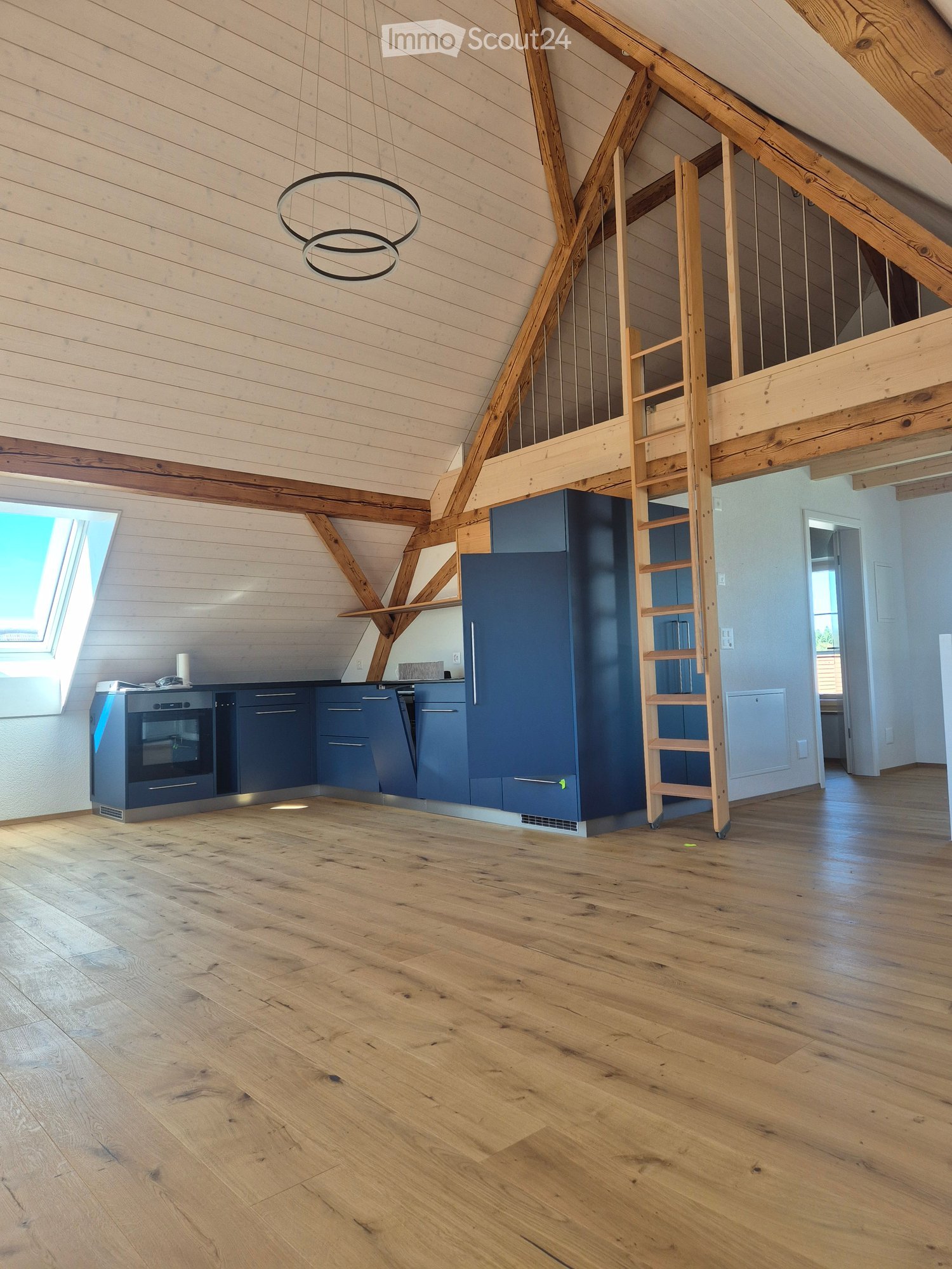Modern kitchen with dark blue cabinets, stainless steel appliances, wooden floor, and exposed wooden beams. Ladder leads to a loft area.
