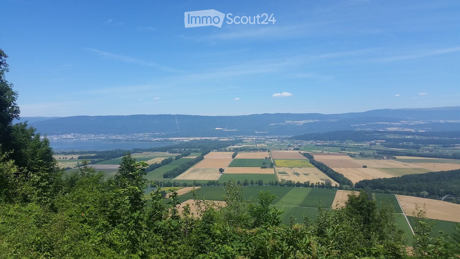 Panoramic view of a rural landscape with fields, forests, and distant mountains under a clear blue sky.