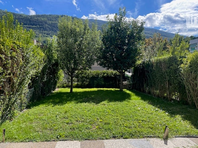 Well-maintained garden with a lush green lawn, surrounded by trees and shrubs, with a scenic mountain backdrop.