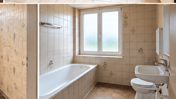 Bathroom with beige tiles, a bathtub, a sink, a toilet, and a window with frosted glass. The walls have decorative floral tiles, and there is a mirror above the sink.