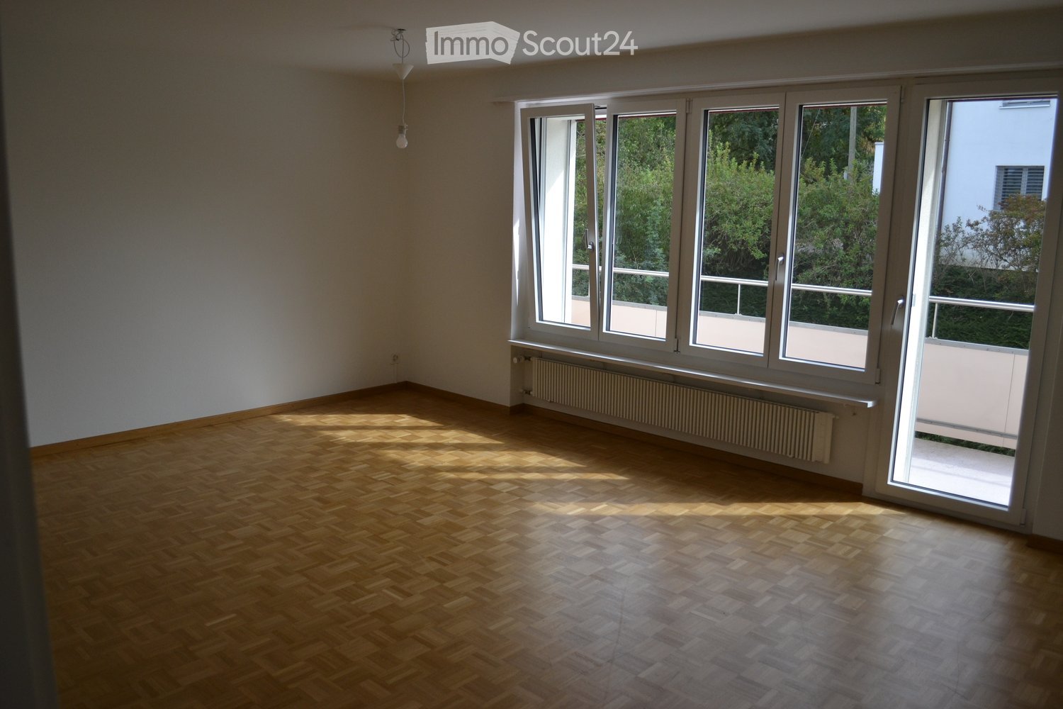 Empty room with wooden herringbone flooring, large windows with white frames, radiator, and a hanging light fixture.