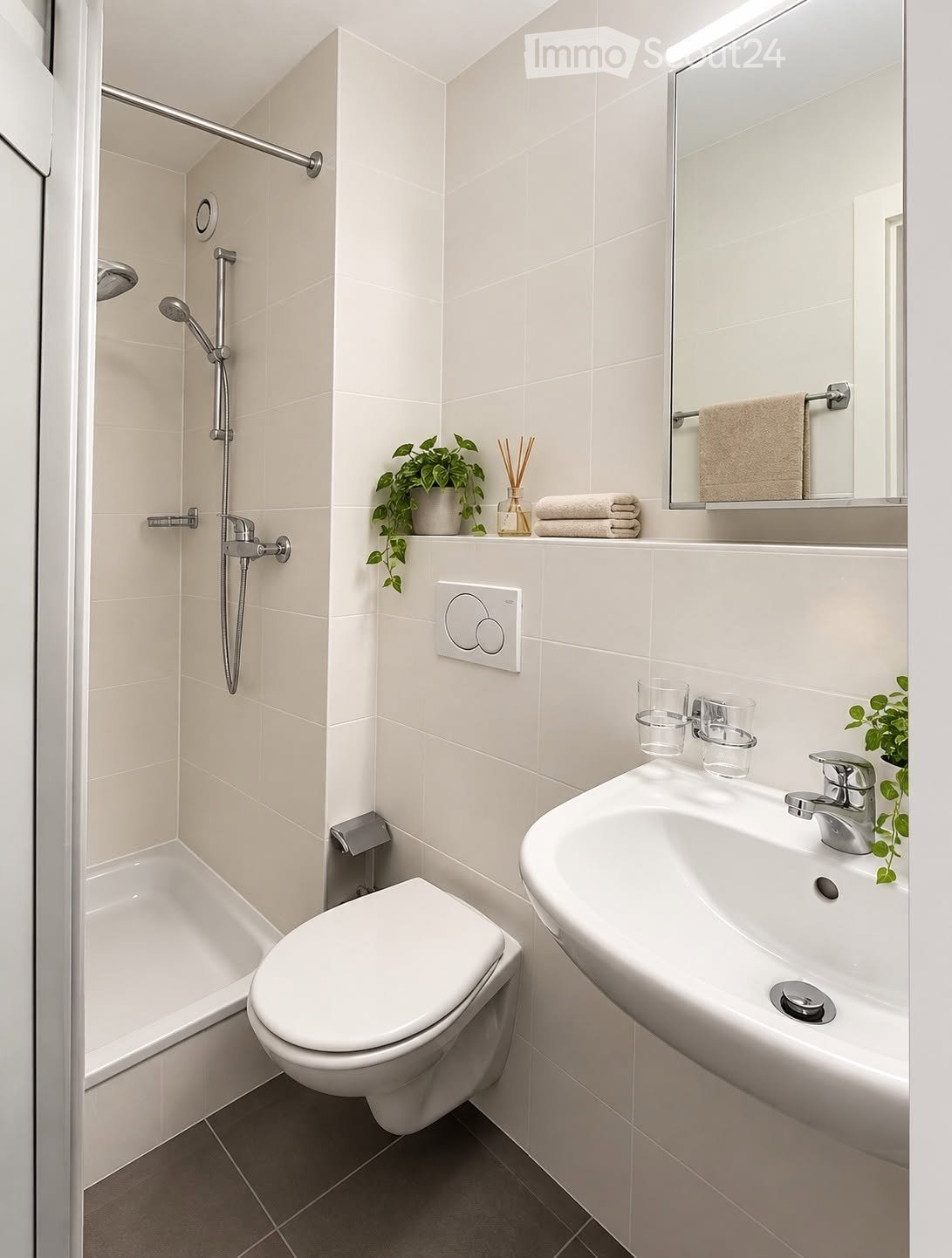 Modern bathroom with white tiles, a bathtub, toilet, sink, and a shower area with a handheld showerhead. Includes a mirror, towel, and small decorative plant on the counter.