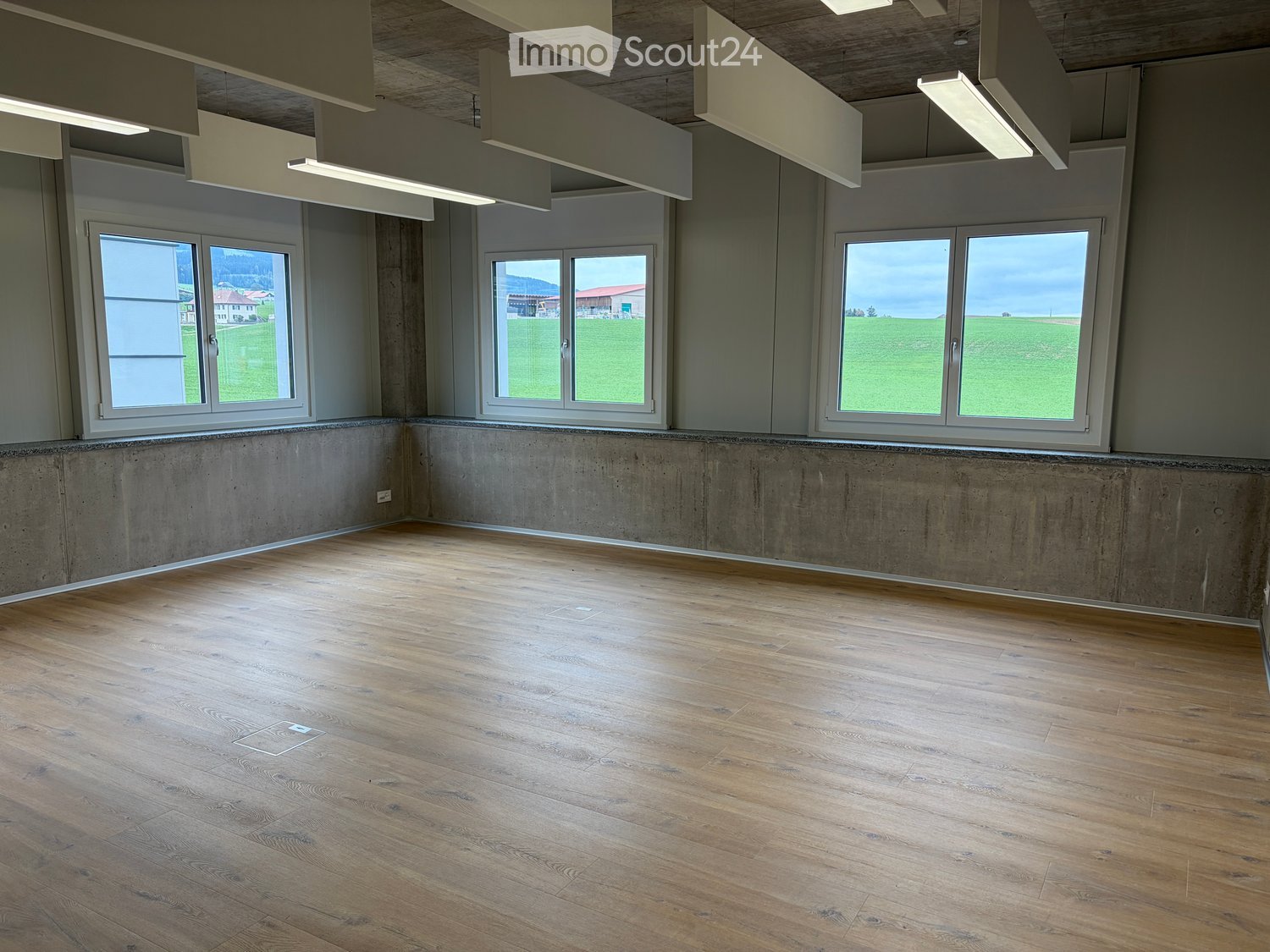 Empty room with wooden flooring, concrete walls, large windows, and modern lighting fixtures.