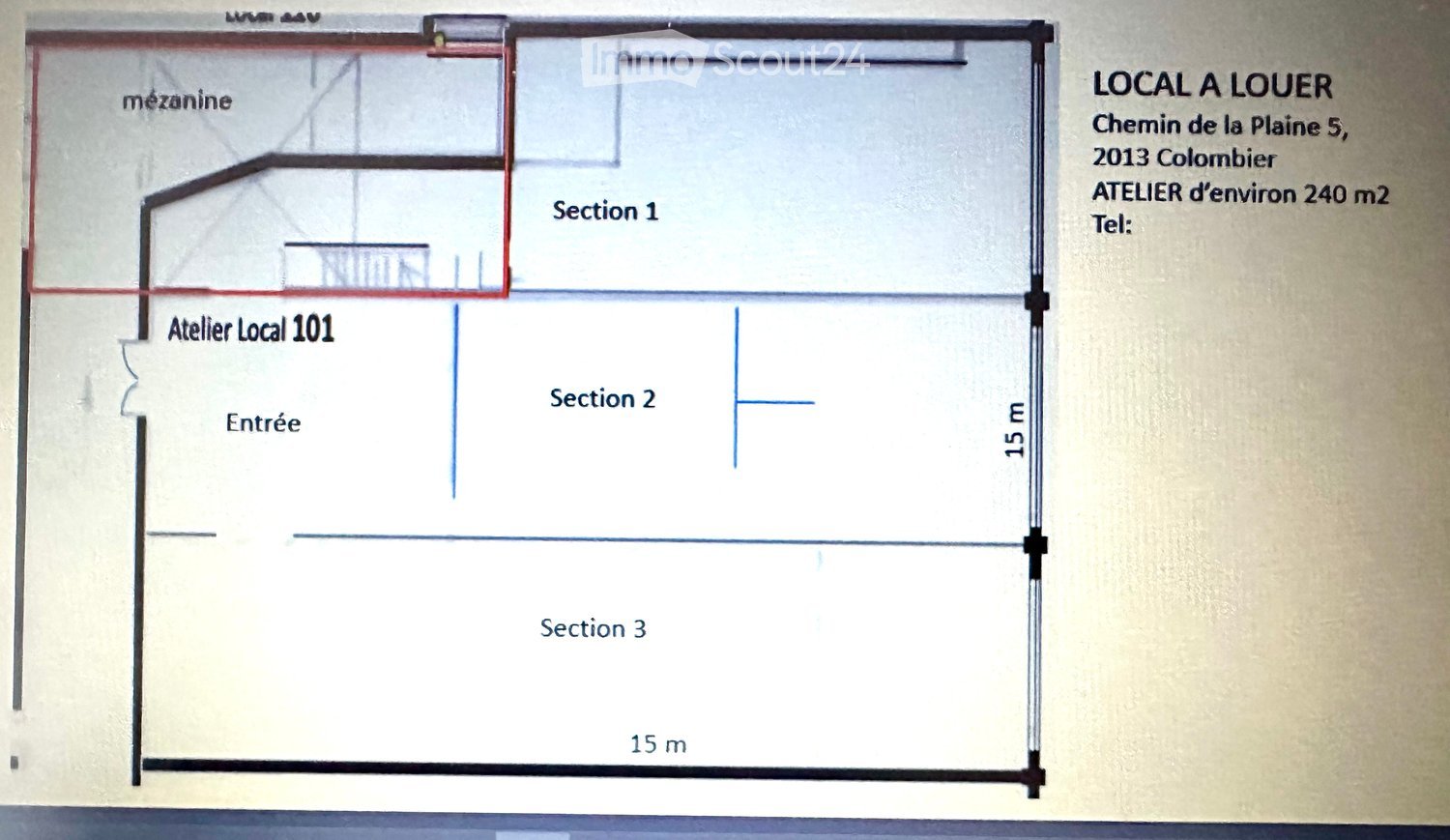 Floor plan of a rental space with three sections, an entrance, and a mezzanine area.