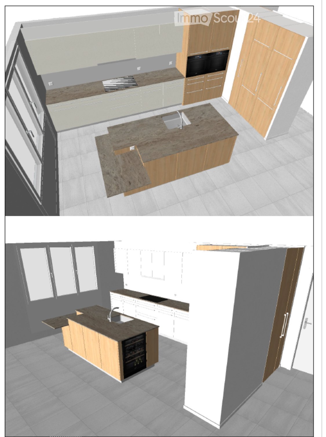 3D floor plan of a modern kitchen with wooden cabinets, granite countertops, built-in appliances, and ample workspace.