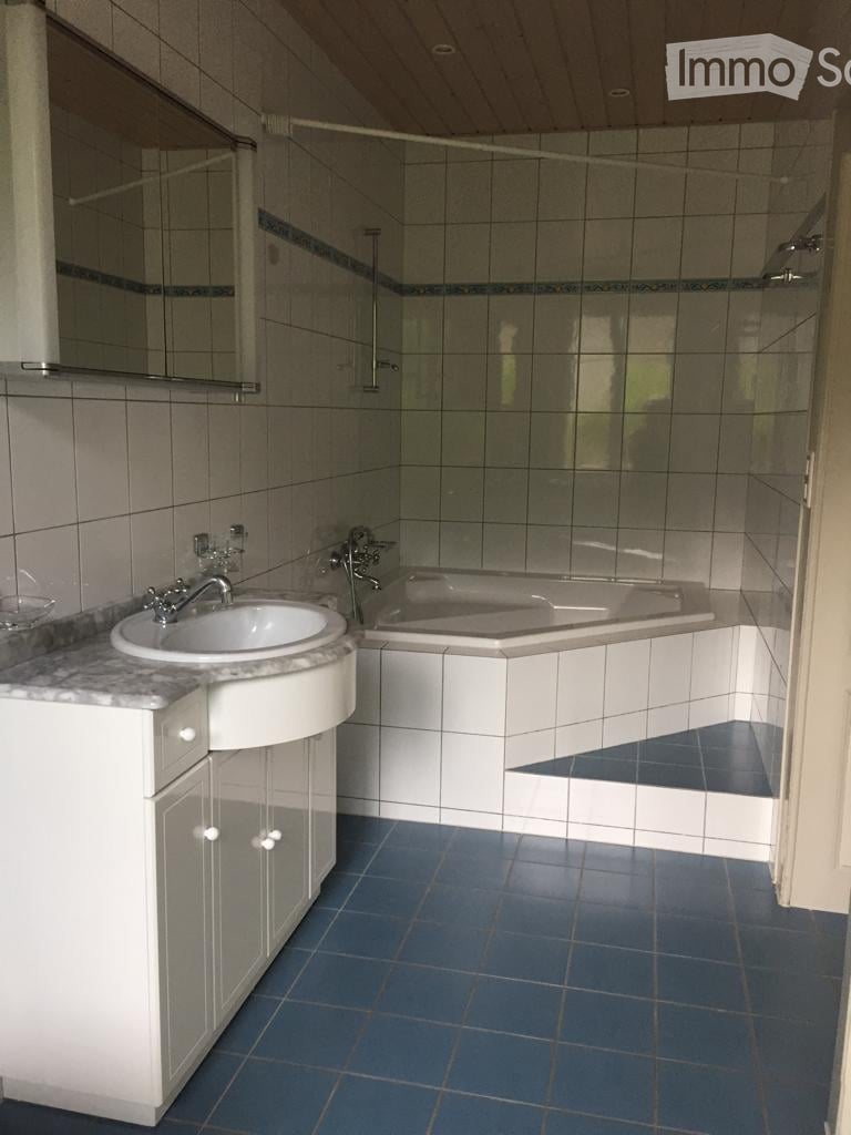 Bathroom with a white sink, faucet, bathtub, mirror, and cabinet. Blue tiled floor and walls with a decorative border.