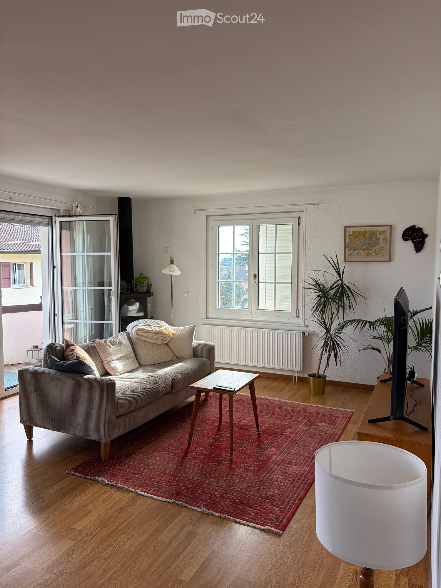 Modern living room with wooden flooring, a grey sofa with multiple cushions, a small coffee table, a table lamp, a television on a stand, and a potted plant near the window.