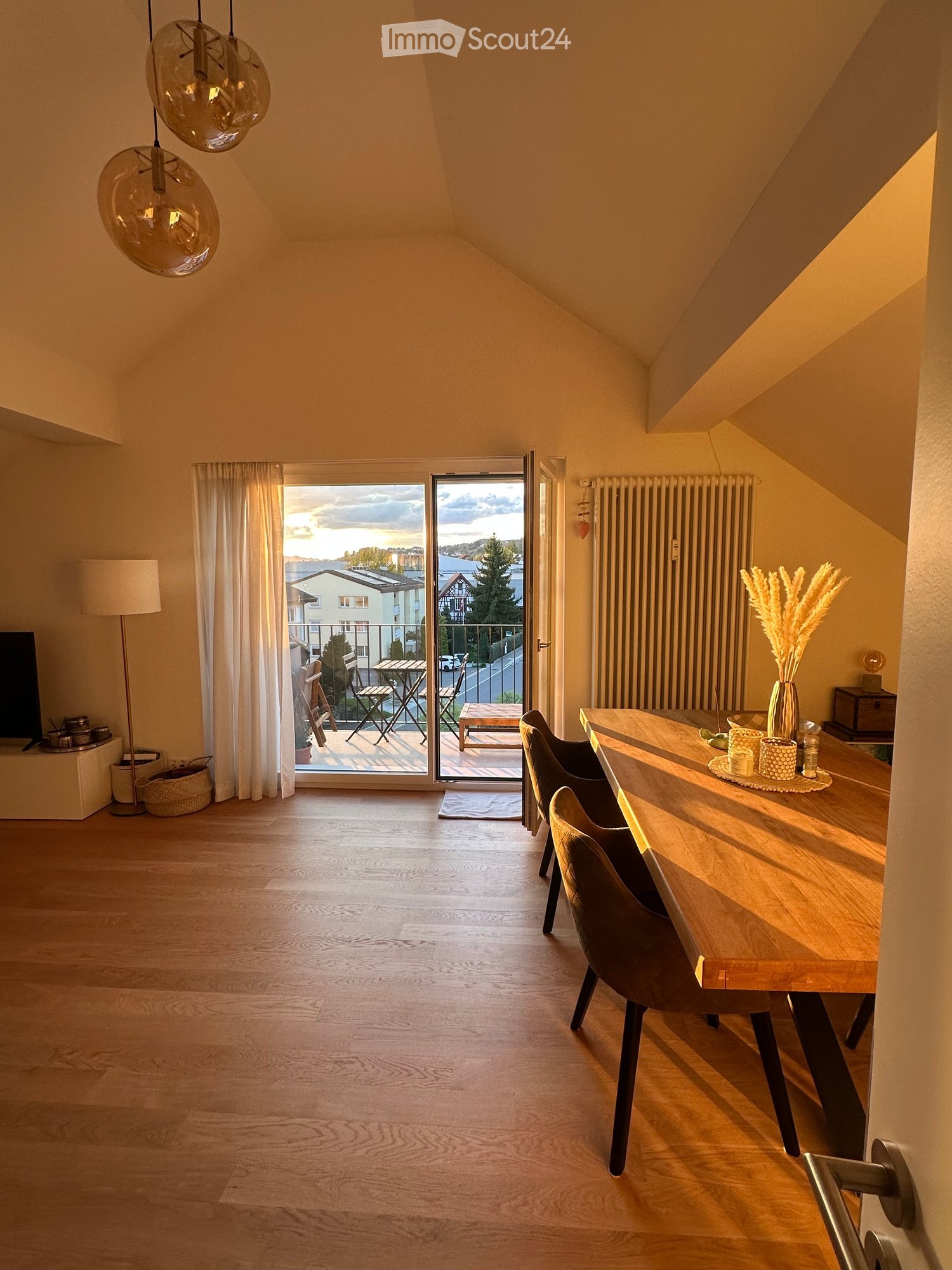 Bright, airy room with wooden flooring, large window leading to a balcony, dining table with chairs, decorative vase, and a TV on a stand.
