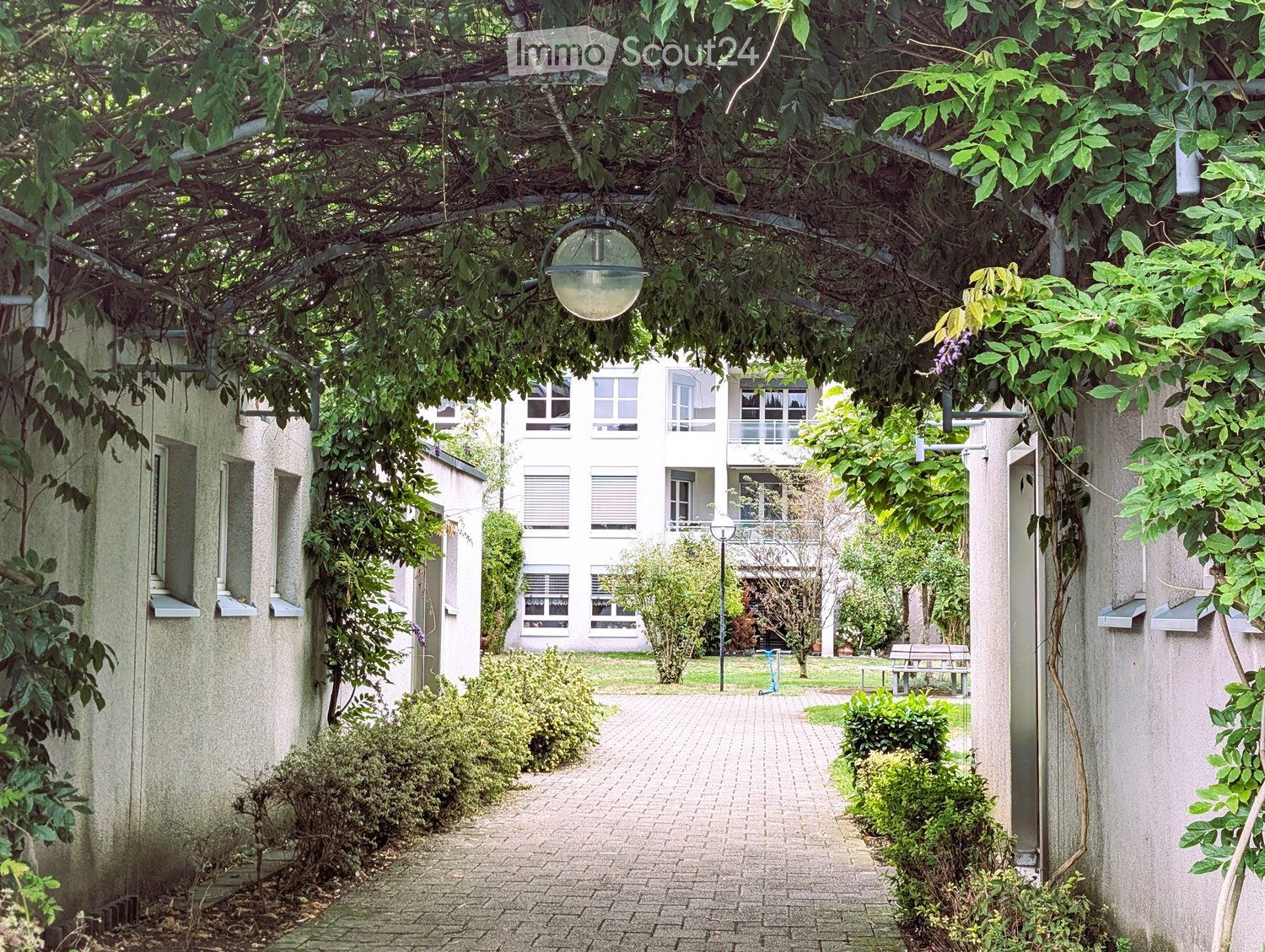 A serene garden pathway lined with greenery and trees, leading to a modern building with large windows and balconies.