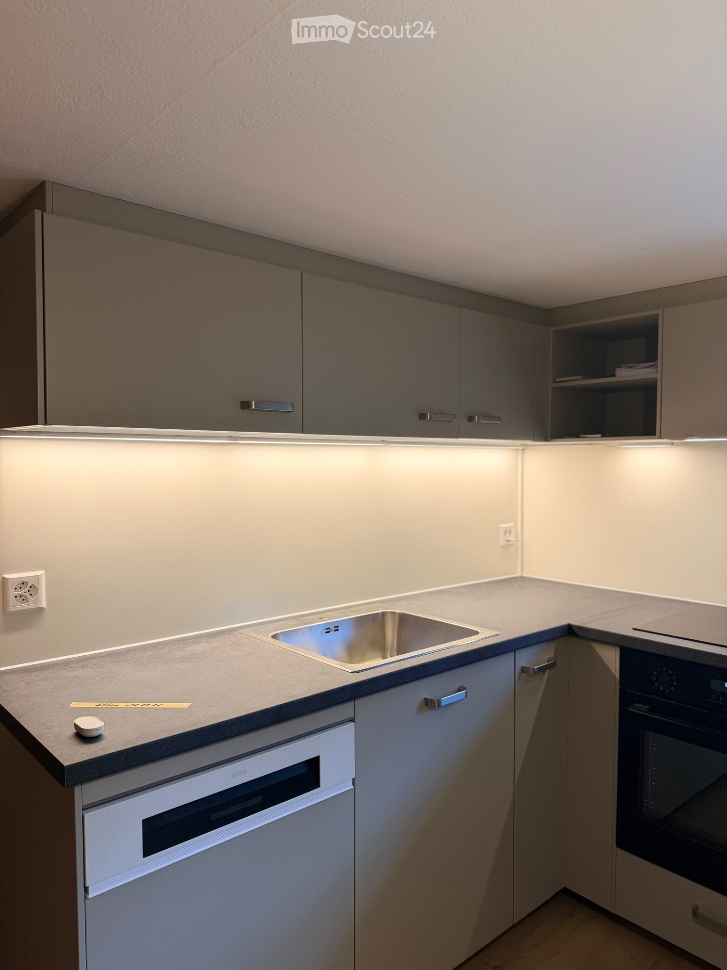 Modern kitchen with grey cabinets, a stainless steel sink, built-in oven, and dishwasher. Countertop is light grey with a dark edge.