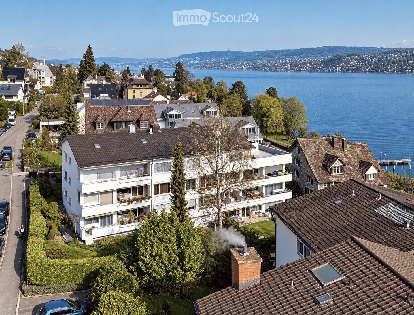 Aerial view of a residential area with multiple houses, surrounded by trees and a lake in the background.