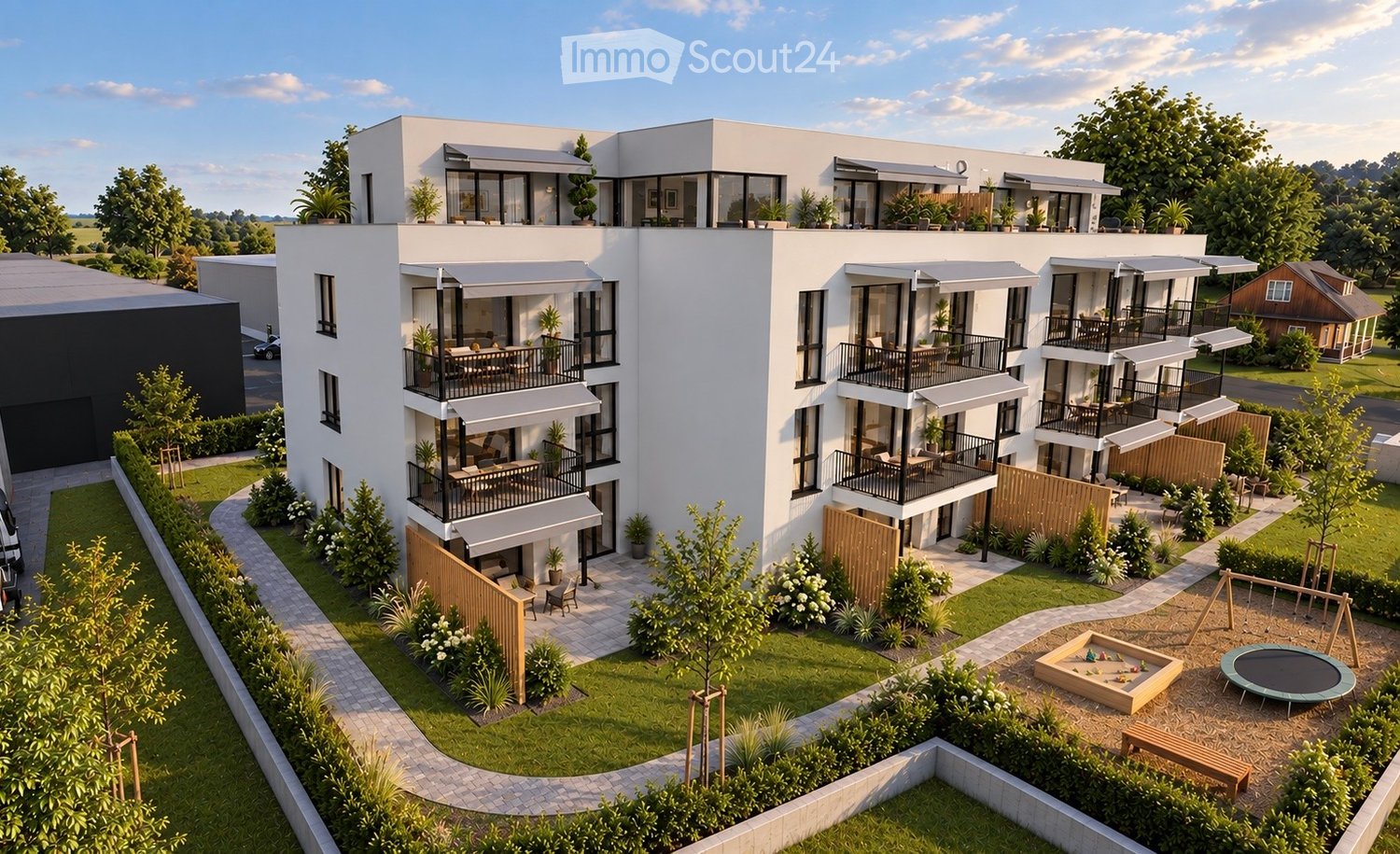 Modern three-story residential building with balconies, surrounded by greenery, playground, and outdoor seating areas.
