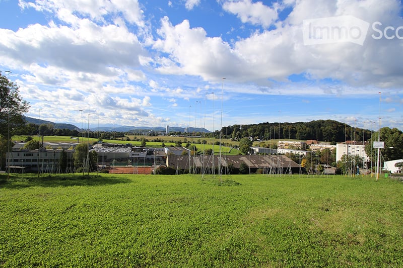 Open green field with scattered trees and distant buildings under a partly cloudy sky.