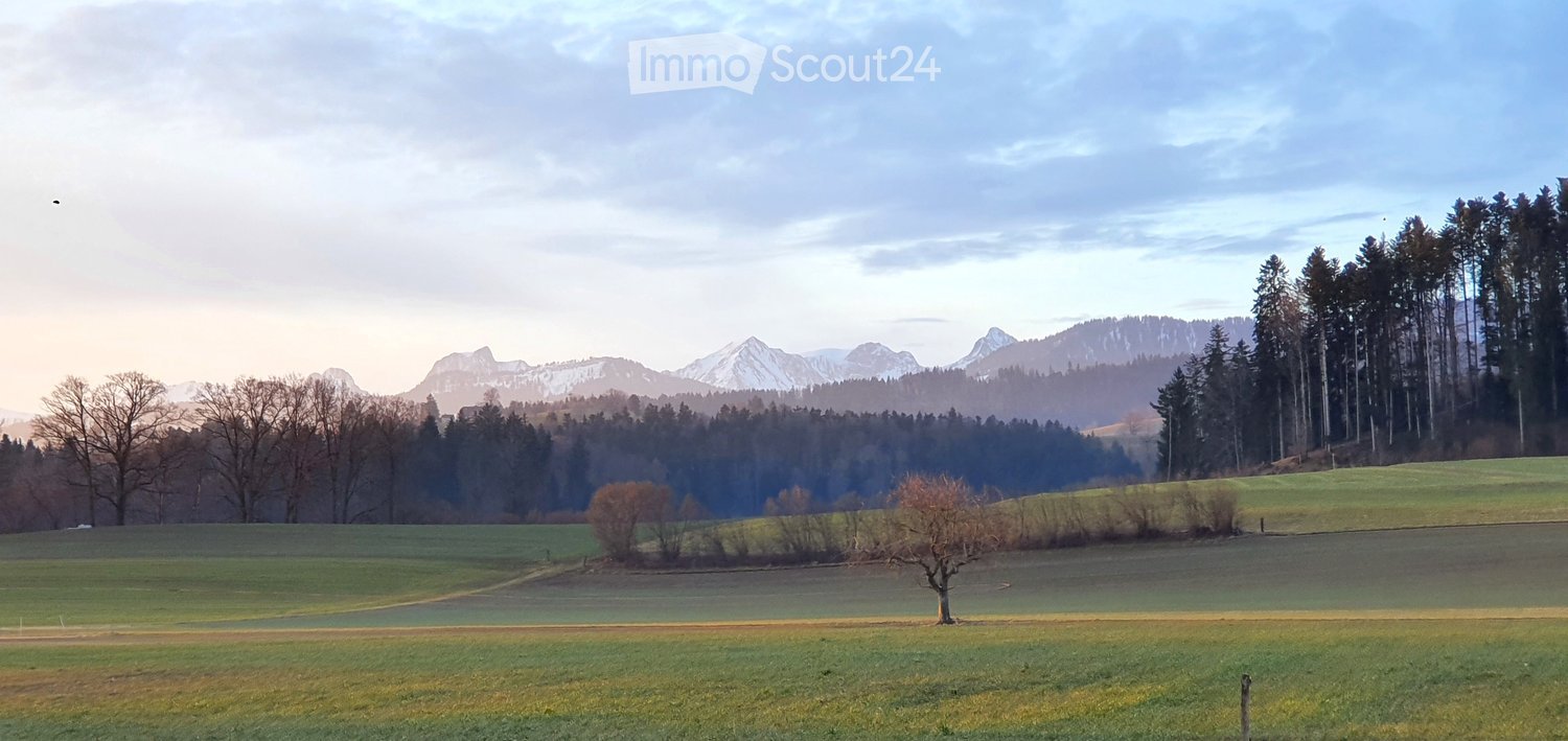 A serene landscape with a grassy field, scattered trees, and distant snow-capped mountains under a partly cloudy sky.