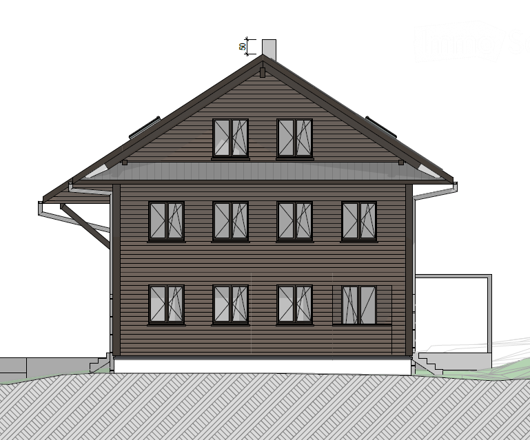 Two-story house with dark brown wooden exterior, multiple windows, and a raised ground floor.
