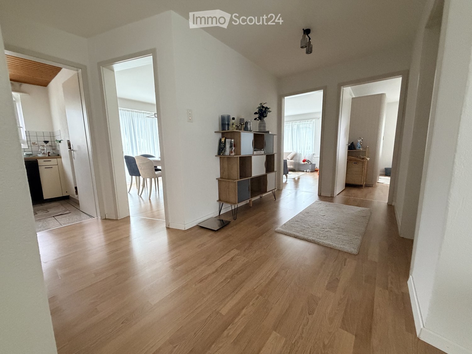 Bright hallway with wooden flooring, leading to multiple rooms including a kitchen, dining area, and living room. Features a small shelf with decorative items and a rug in the center.