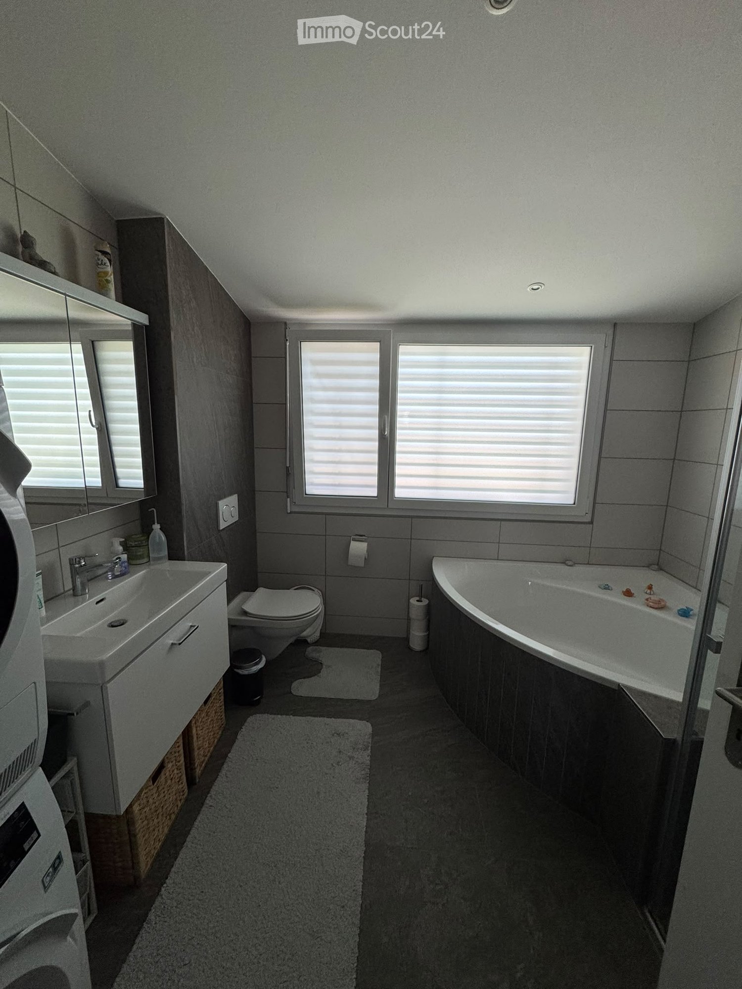Modern bathroom with a white sink, toilet, bathtub, and large windows. Includes a mirror, cabinet, and bath mats on the floor.