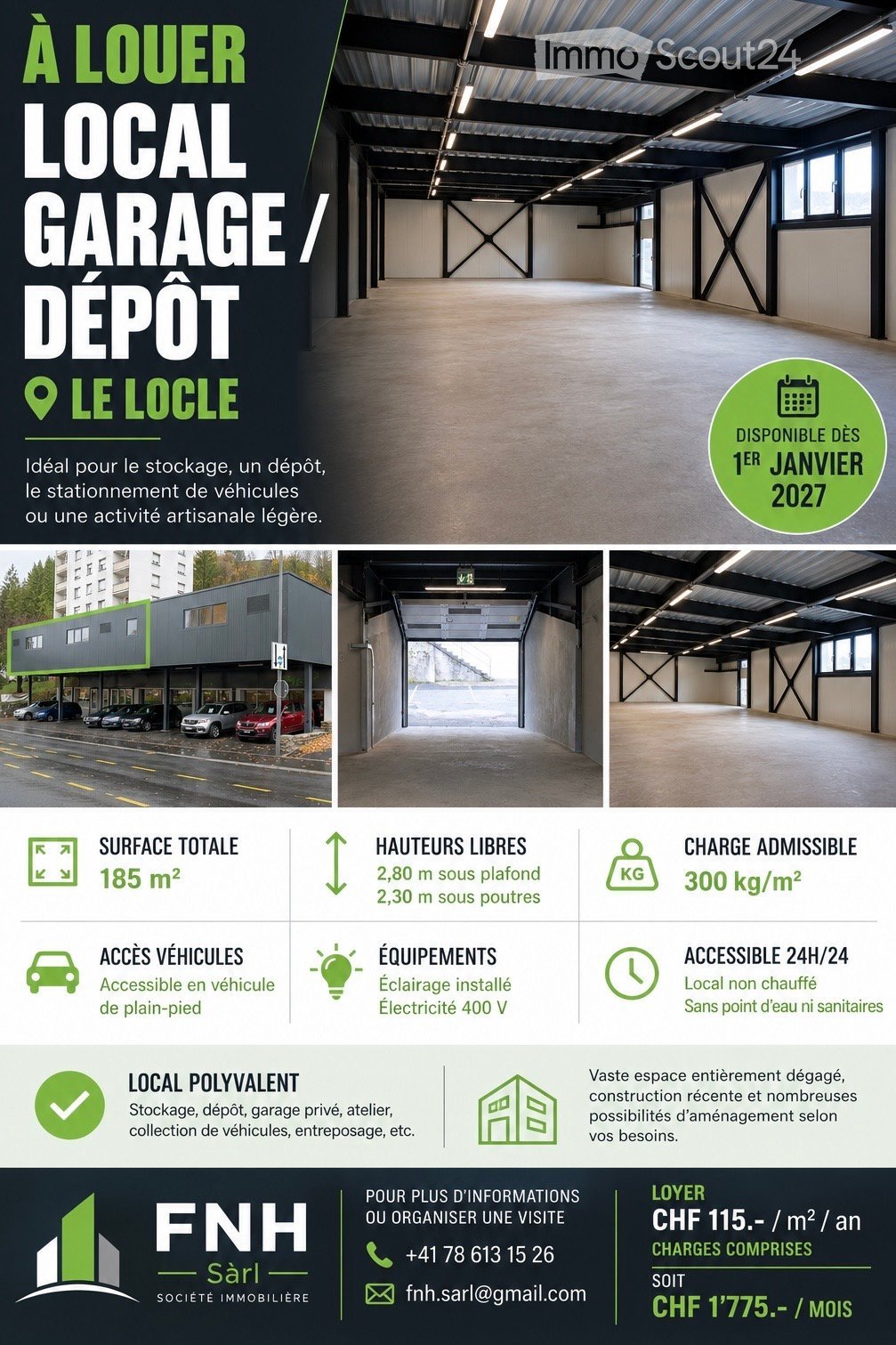 Promotional image for a local garage/depot space in Le Locle, featuring an empty interior with concrete floors, metal beams, and fluorescent lighting. The exterior shows a modern building with multiple parking spaces and a large entrance.