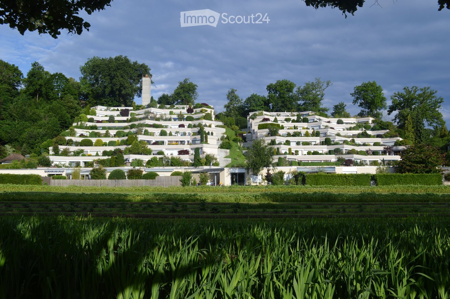 A large, modern residential complex with multiple white buildings arranged on a hillside, surrounded by lush greenery and trees.