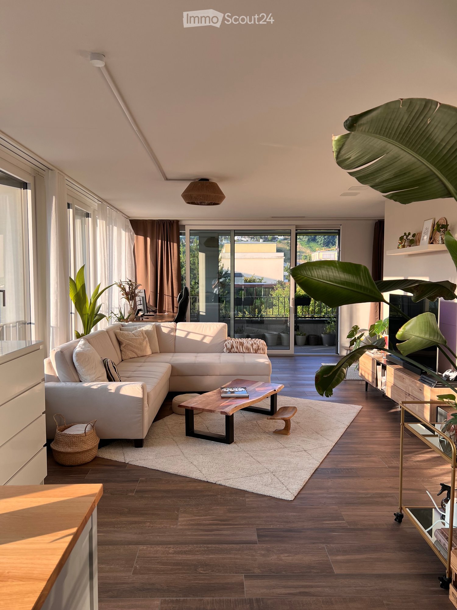 large sofa, coffee table, area rug, large windows, balcony, desk with monitor, floor lamp, plants