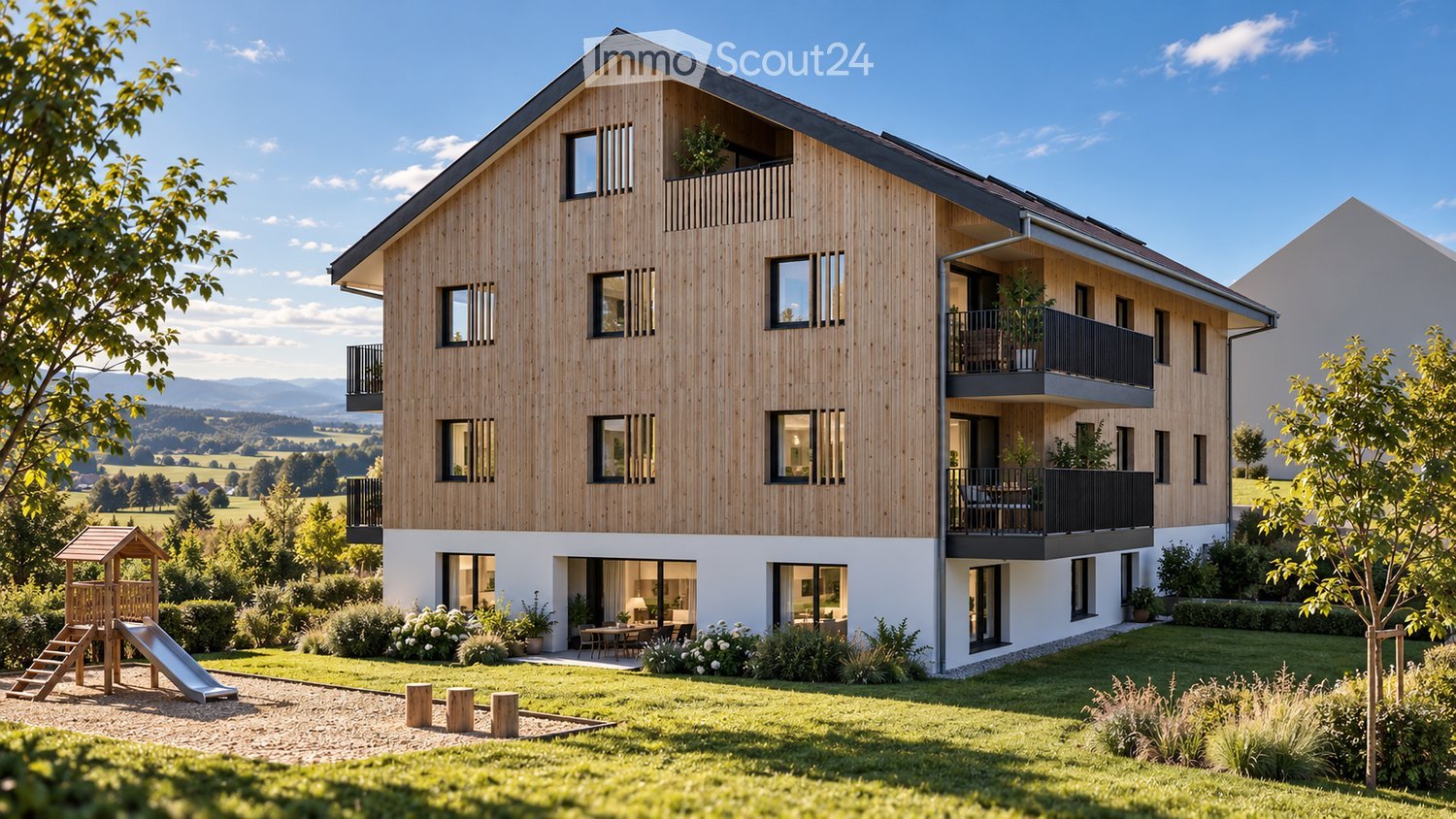 Modern two-story house with wooden facade, large windows, balconies, and a well-maintained garden with a playground area.