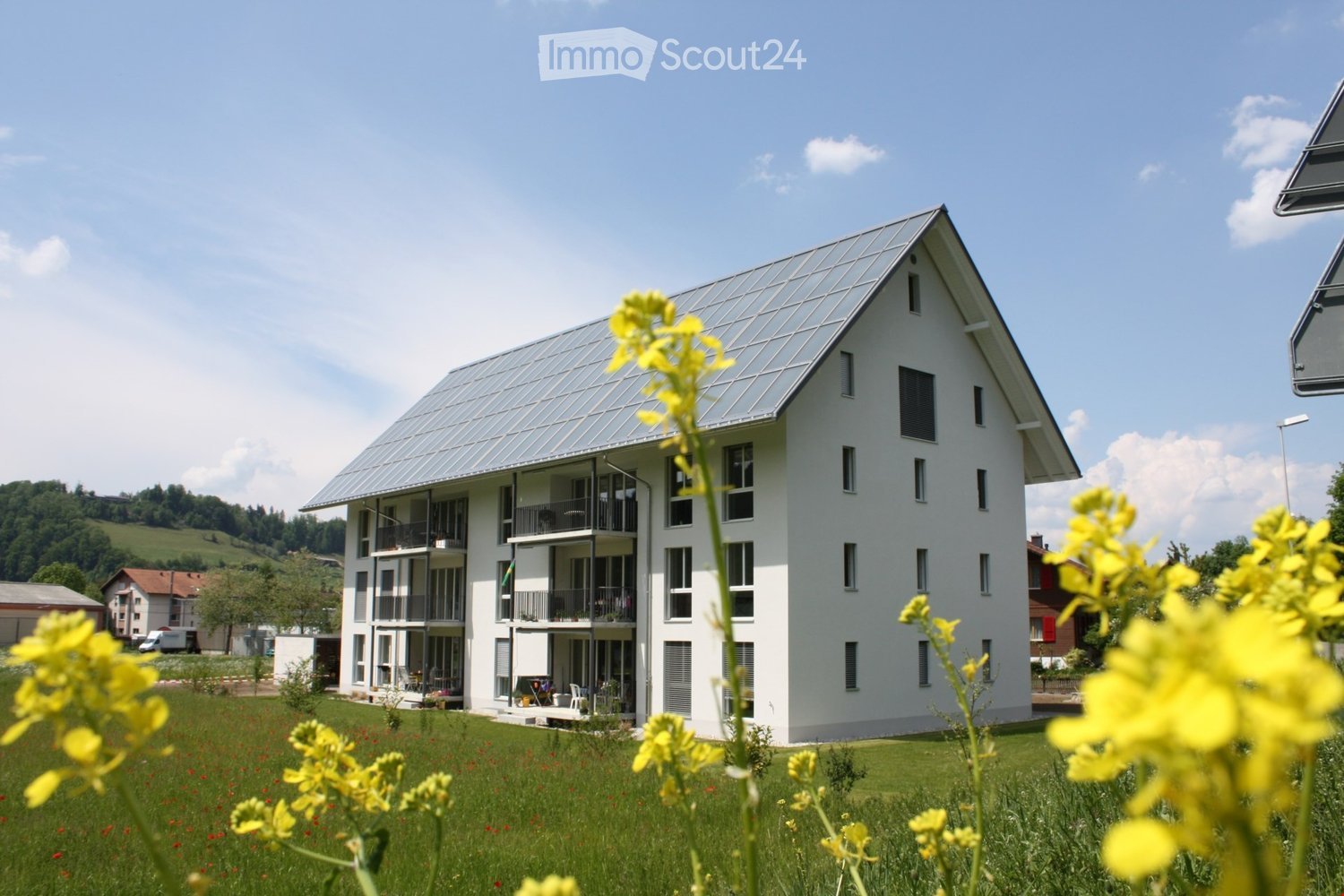 Modern two-story residential building with white facade, large windows, and balconies, surrounded by a green lawn and yellow flowers.