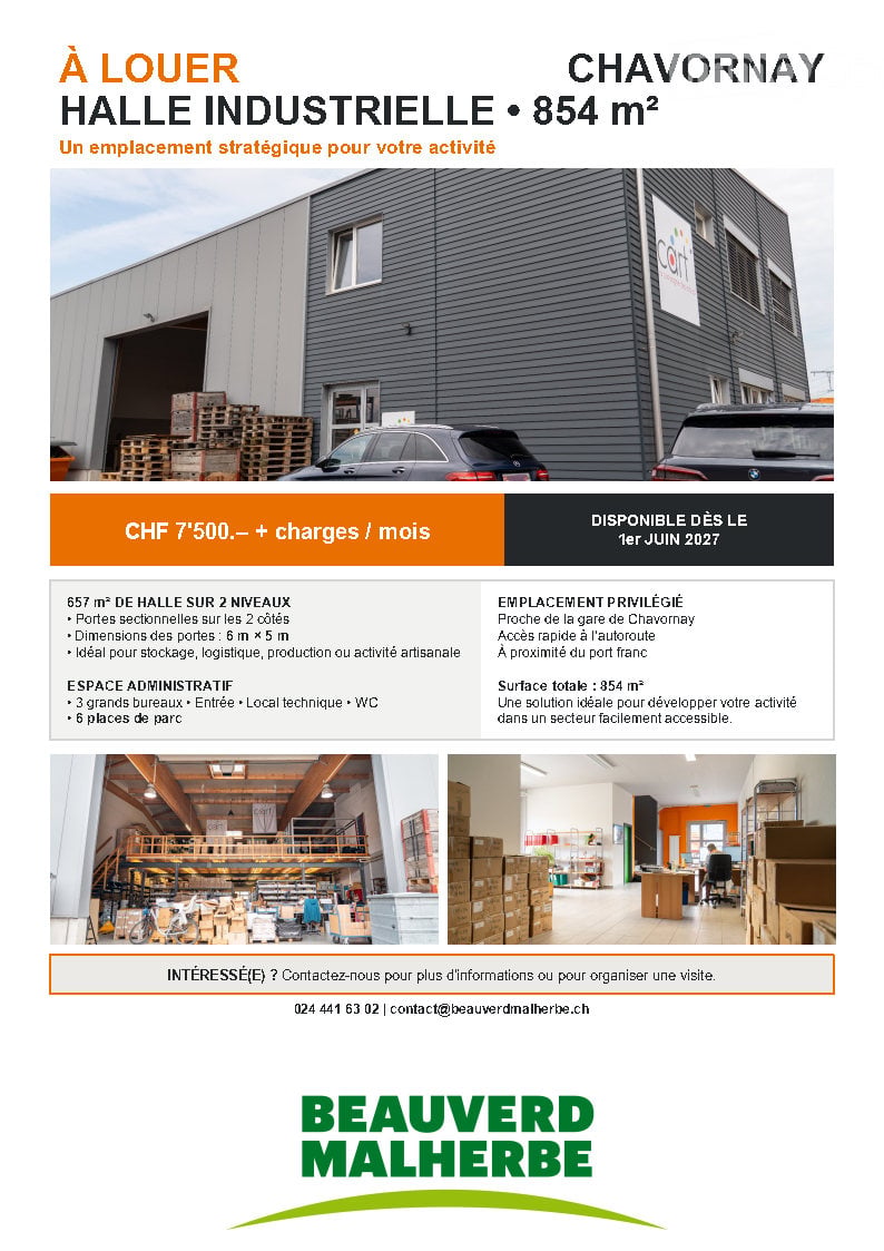 Promotional image for an industrial hall rental in Chavornay, featuring a modern building exterior, interior shots of storage and administrative spaces, and details about the property.