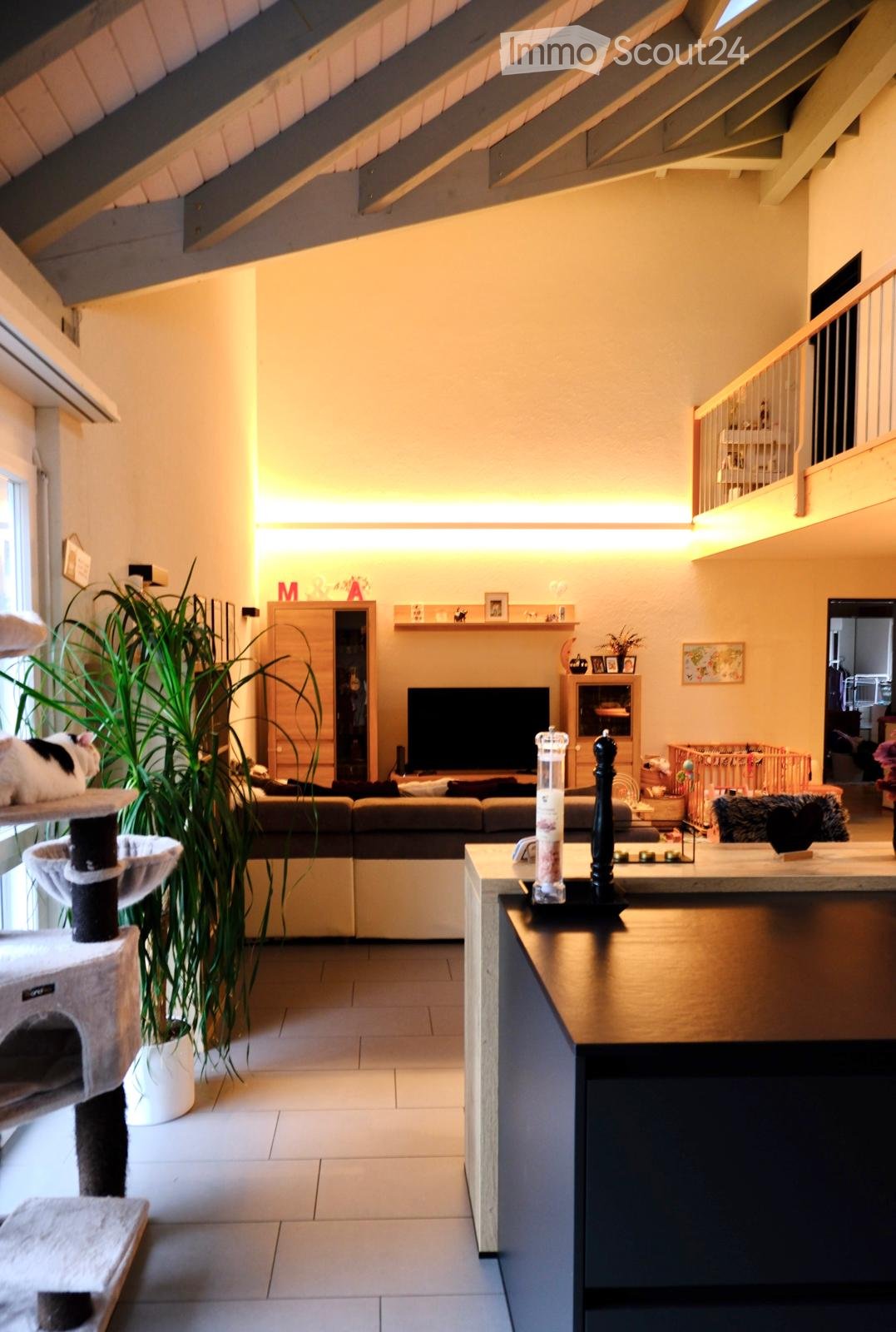 Bright living room with a modern sofa, a cat tree, a television, and a small table with decorative items. The room features a staircase leading to an upper level and is decorated with plants and shelves.