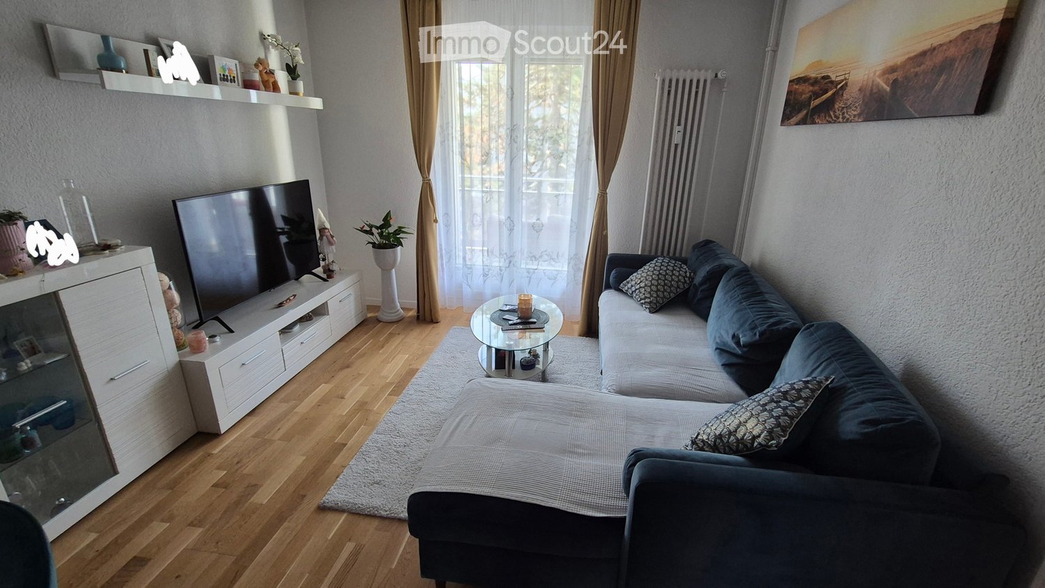 Modern living room with a grey sectional sofa, glass coffee table, flat-screen TV on a white stand, and decorative shelves with plants and artwork.