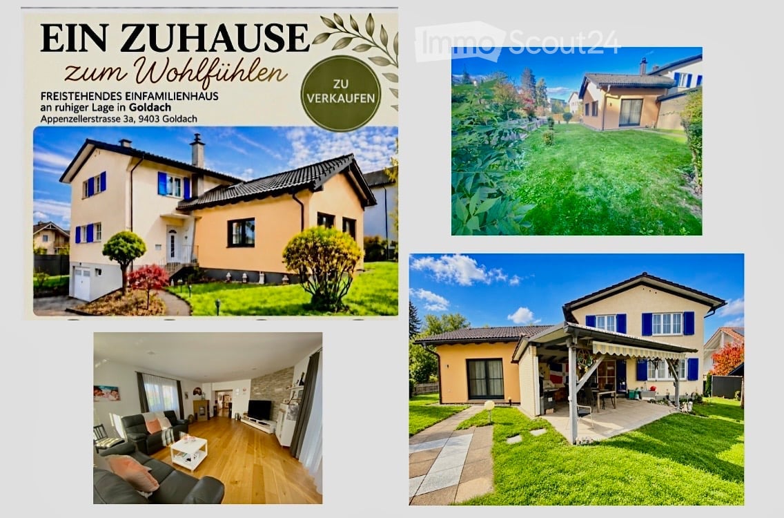 A collage of images showcasing a two-story single-family house with a well-maintained garden, featuring a living room with a sofa, coffee table, and TV, and an outdoor patio area with seating.