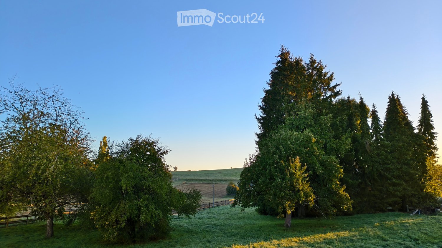 A peaceful garden area with tall trees, a grassy lawn, and a clear blue sky, featuring a fence and distant fields.
