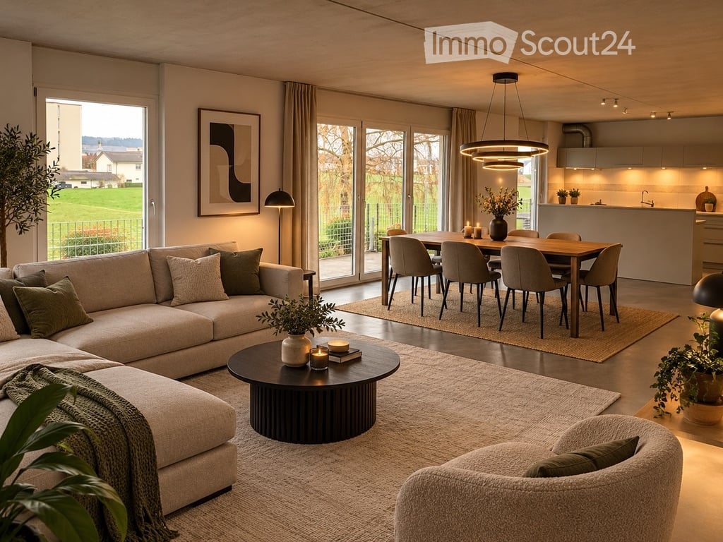 Open-plan living and dining area with a modern aesthetic. Features a large sectional sofa, coffee table, armchair, dining table with chairs, and a sleek kitchen area with a counter and pendant lighting. The space is well-lit with large windows and decorat
