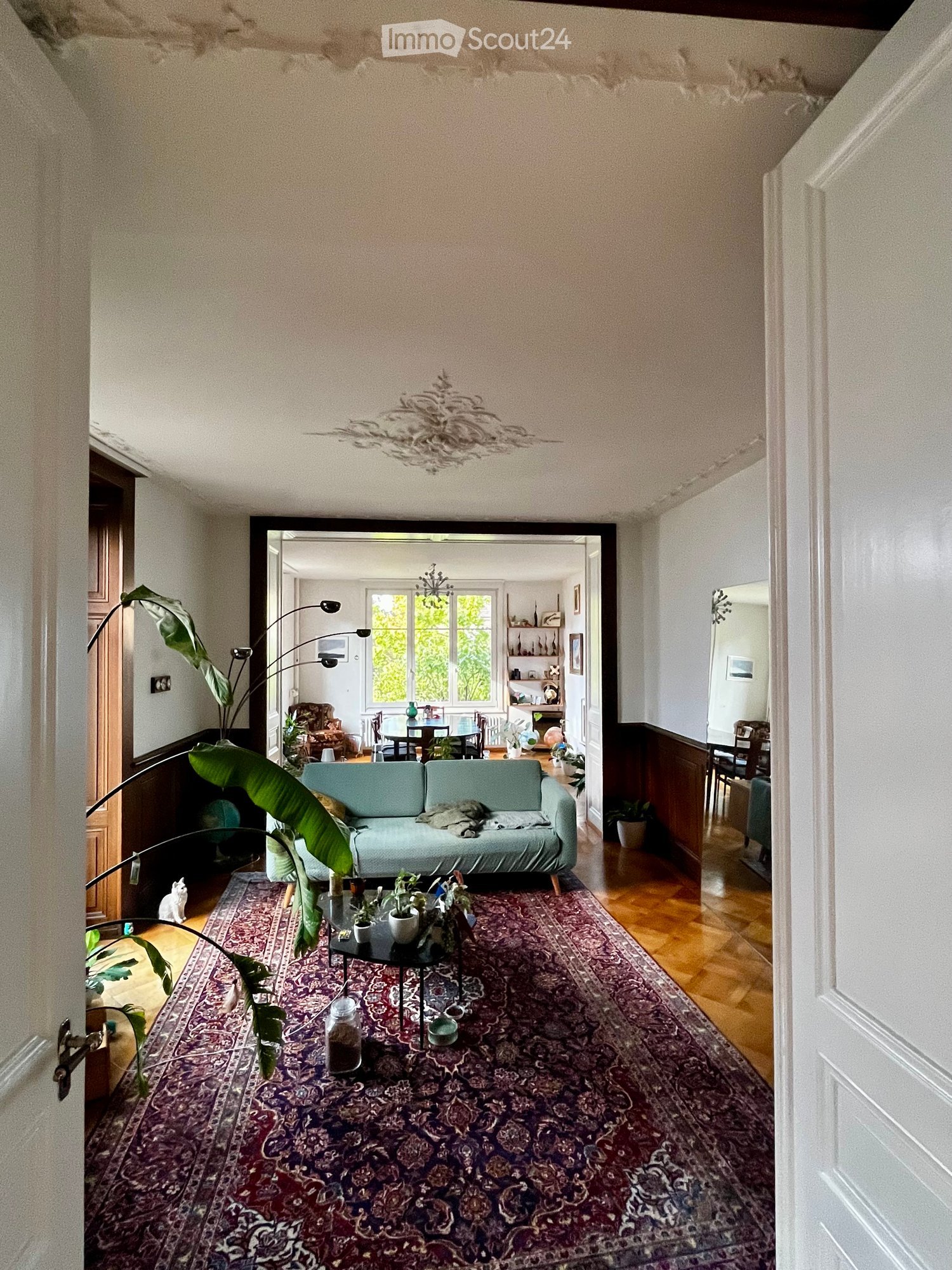 Living room with a teal sofa, coffee table, dining area with table and chairs, large window, and decorative plants.