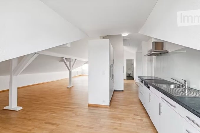 Bright, open kitchen and living area with white walls, wooden flooring, and modern kitchen cabinets.