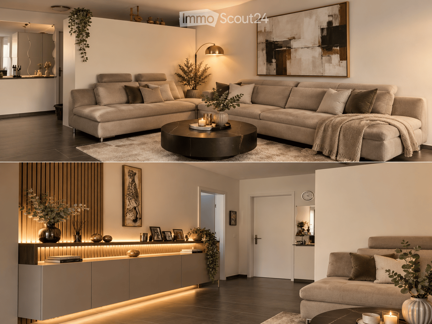 Modern living room with a large sectional sofa, coffee table, floor lamp, and decorative items including vases and picture frames. The space features warm lighting and a sleek design.