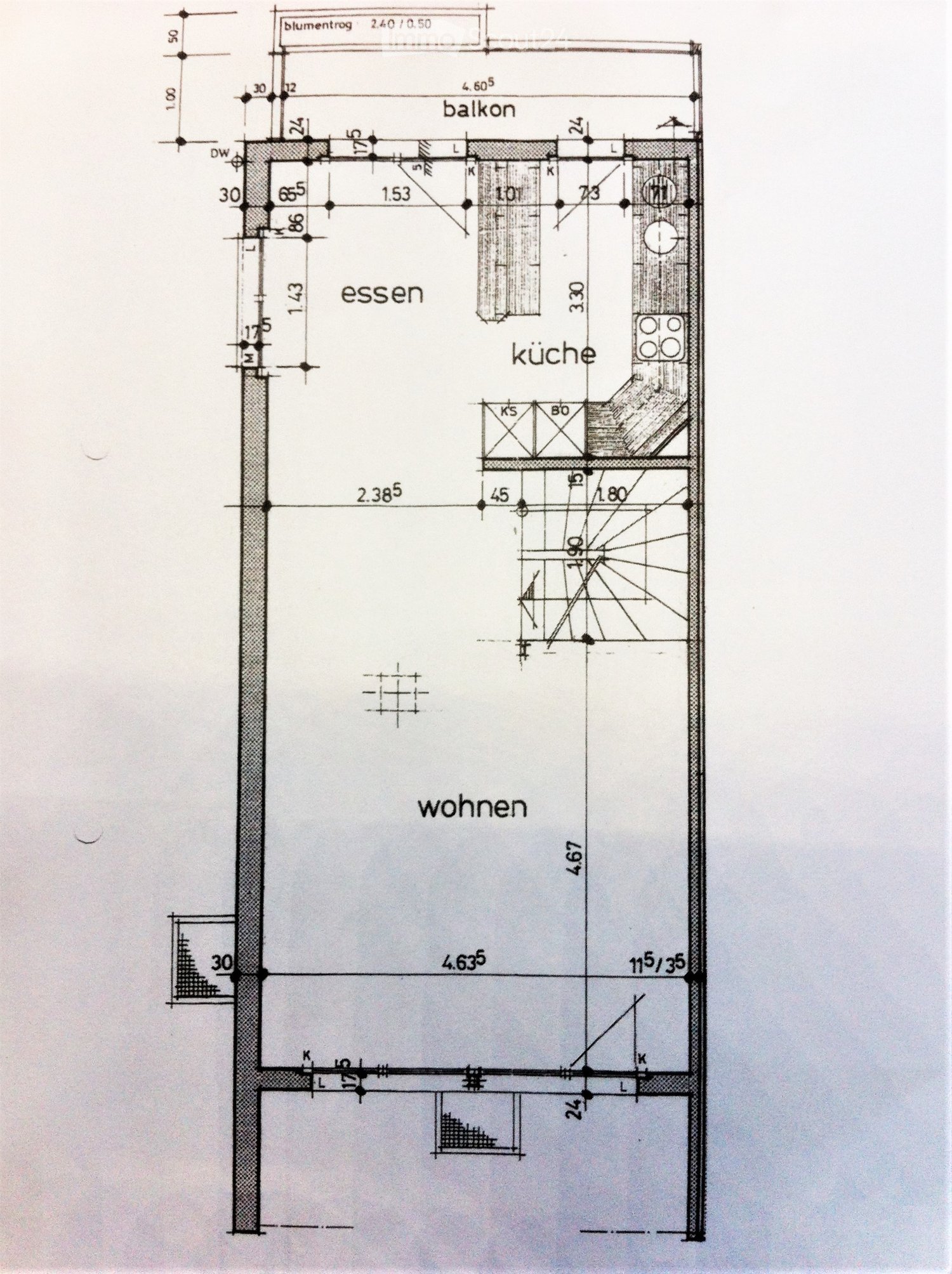 Floor plan showing a living area, dining area, kitchen, and balcony. Dimensions and labels are provided for each space.