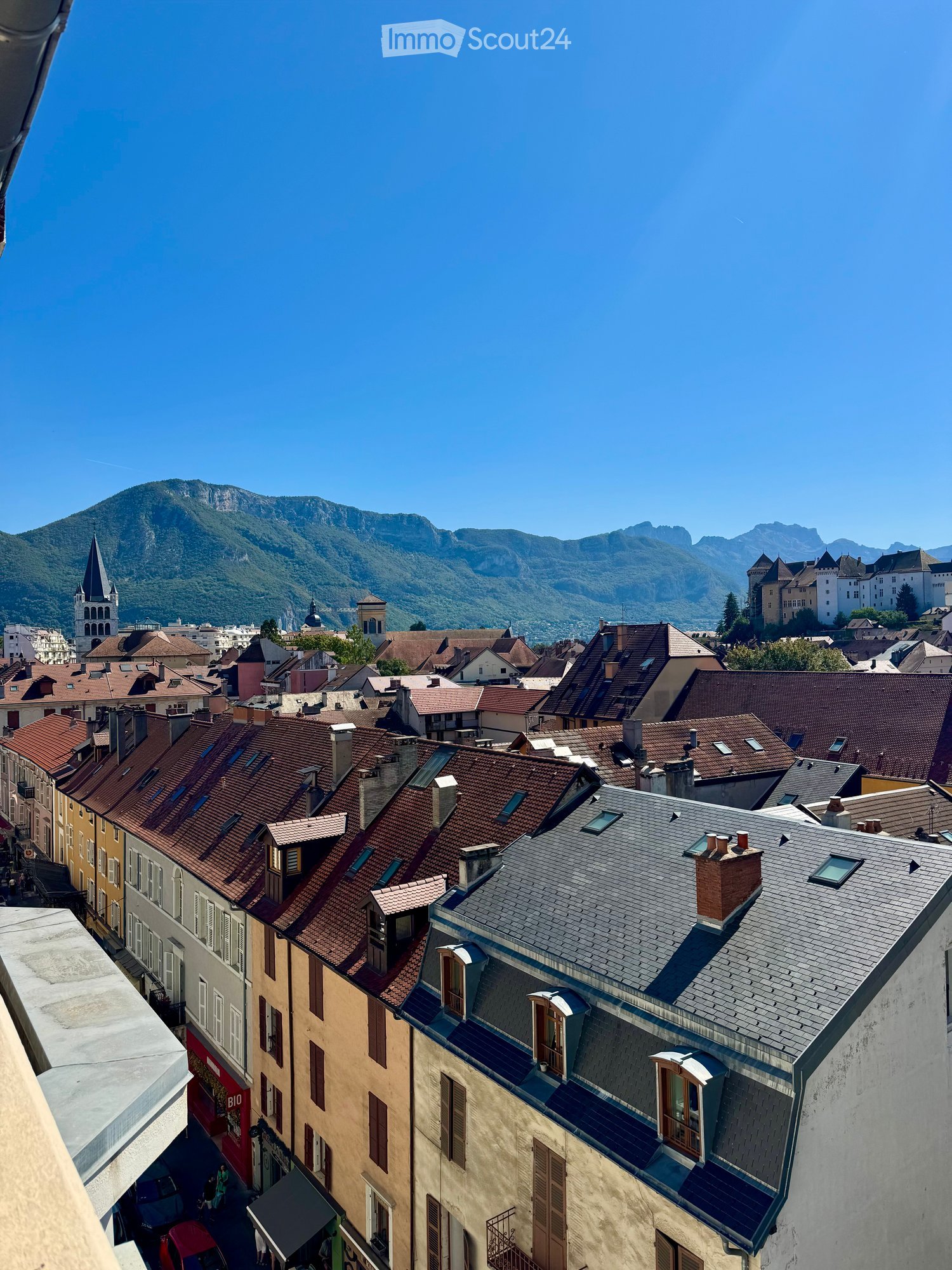 A panoramic view of a cityscape with red-tiled roofs, chimneys, and a distant mountain range under a clear blue sky.