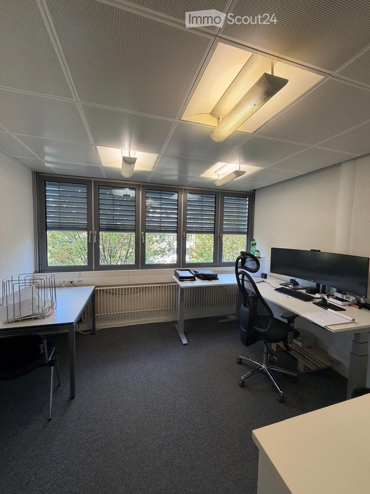 Modern office space with two desks, ergonomic chairs, computer monitors, keyboards, and a filing cabinet. Large windows with blinds provide natural light.