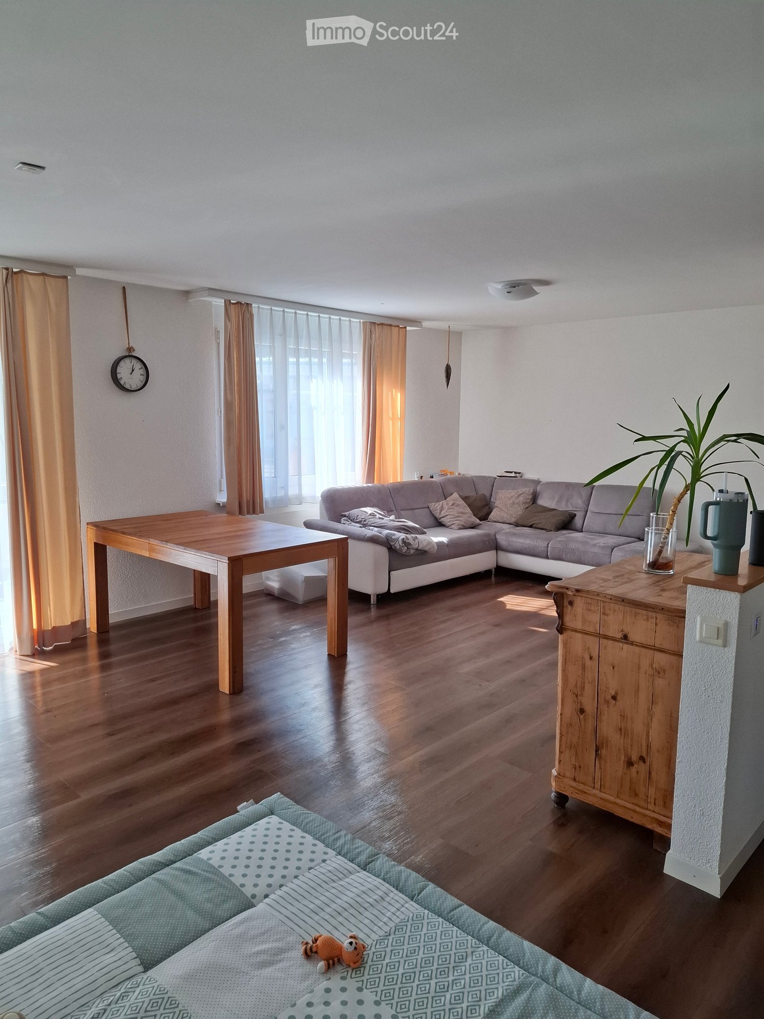 Modern living room with wooden flooring, large windows with curtains, grey sectional sofa, wooden coffee table, small wooden side table, potted plant, and decorative pillows on a small bench.