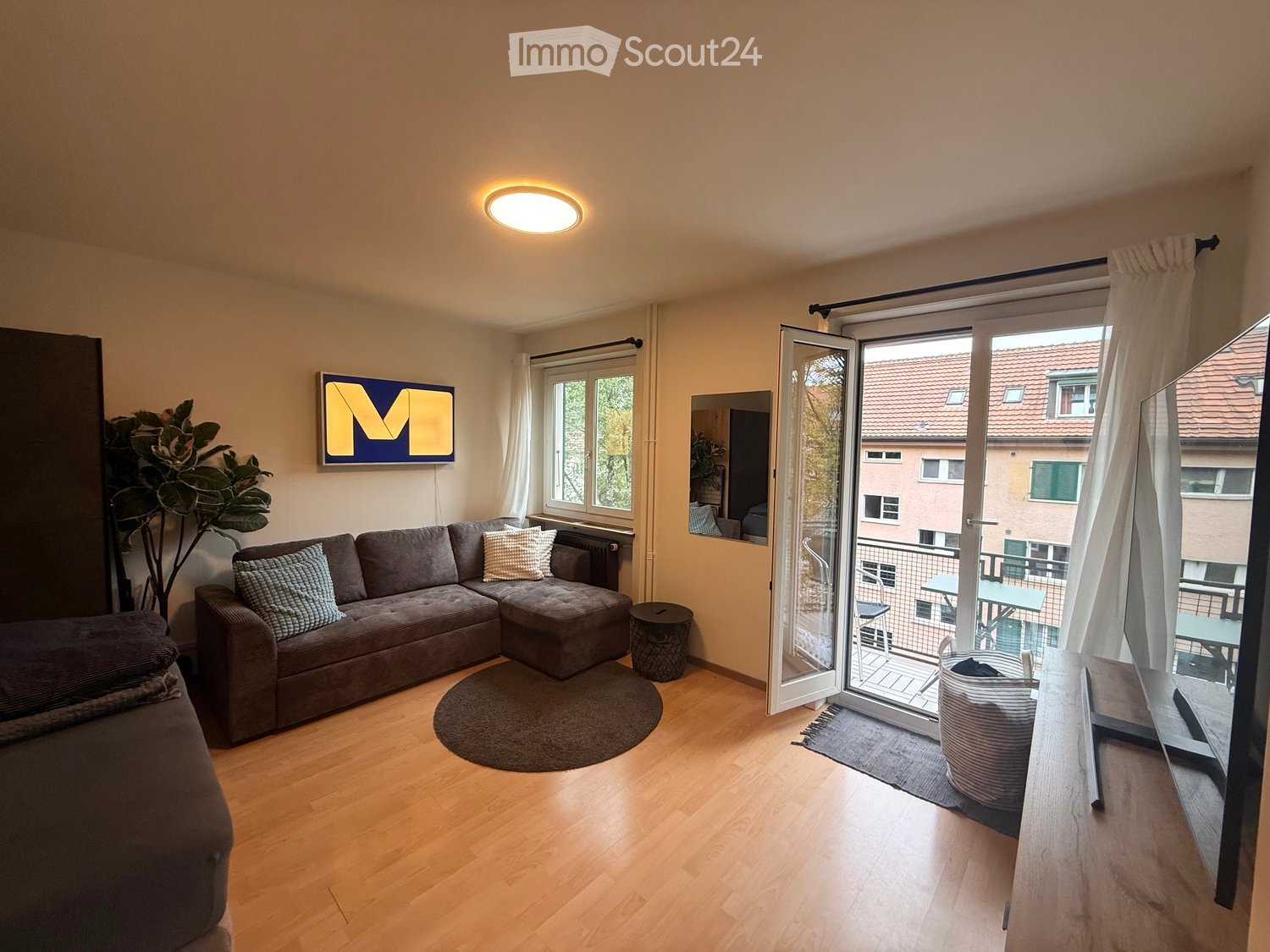 Modern living room with wooden flooring, large windows, and a balcony. Features a grey sectional sofa, a small round table, a mirror, and a potted plant.