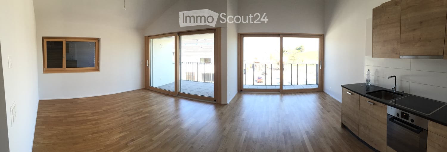 Bright, unfurnished room with wooden flooring, large sliding glass doors leading to a balcony, and a small kitchen area with cabinets and a sink.