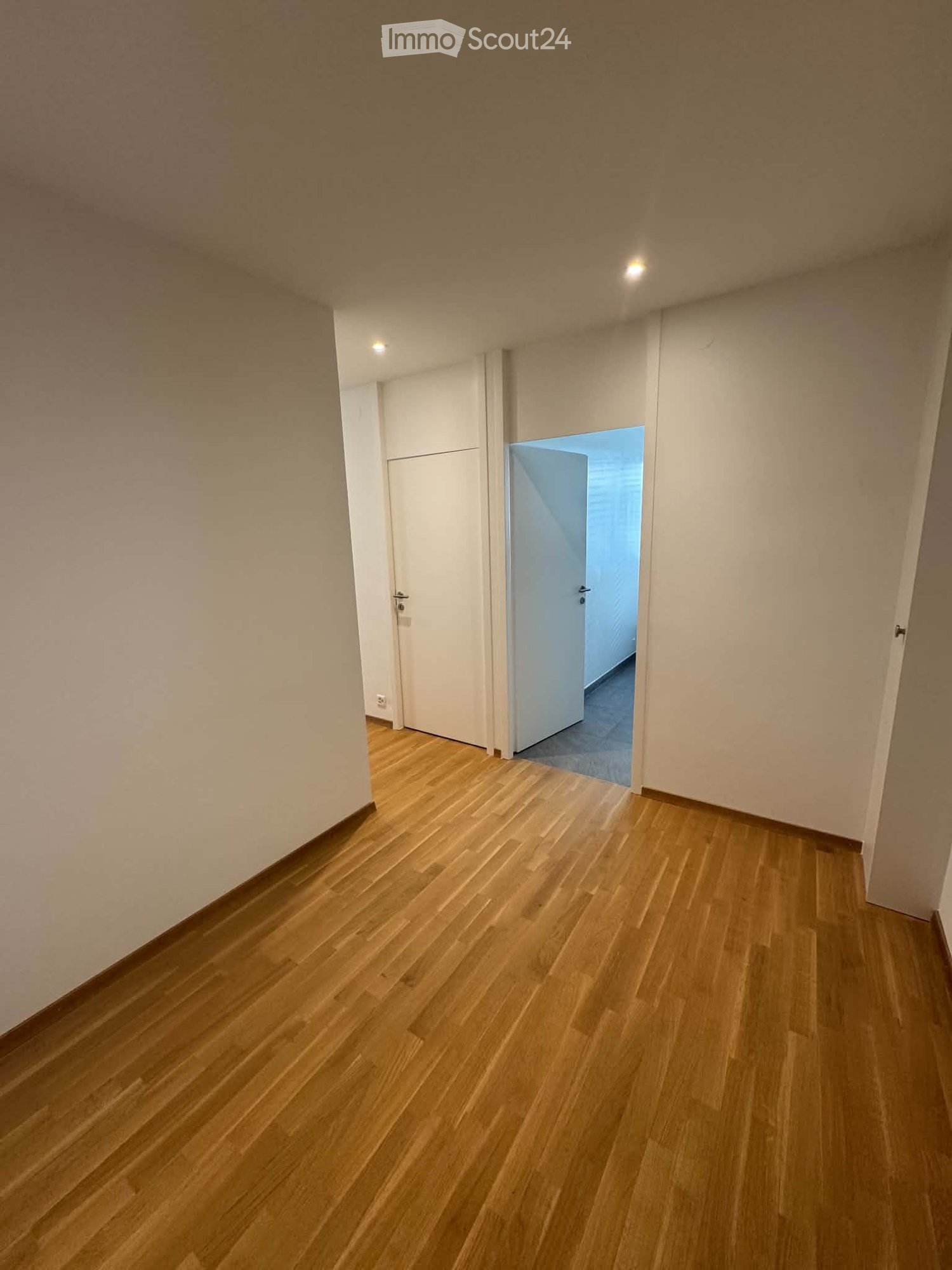 Empty hallway with light wooden flooring, white walls, and recessed lighting. Two white doors are visible, one leading to another room.