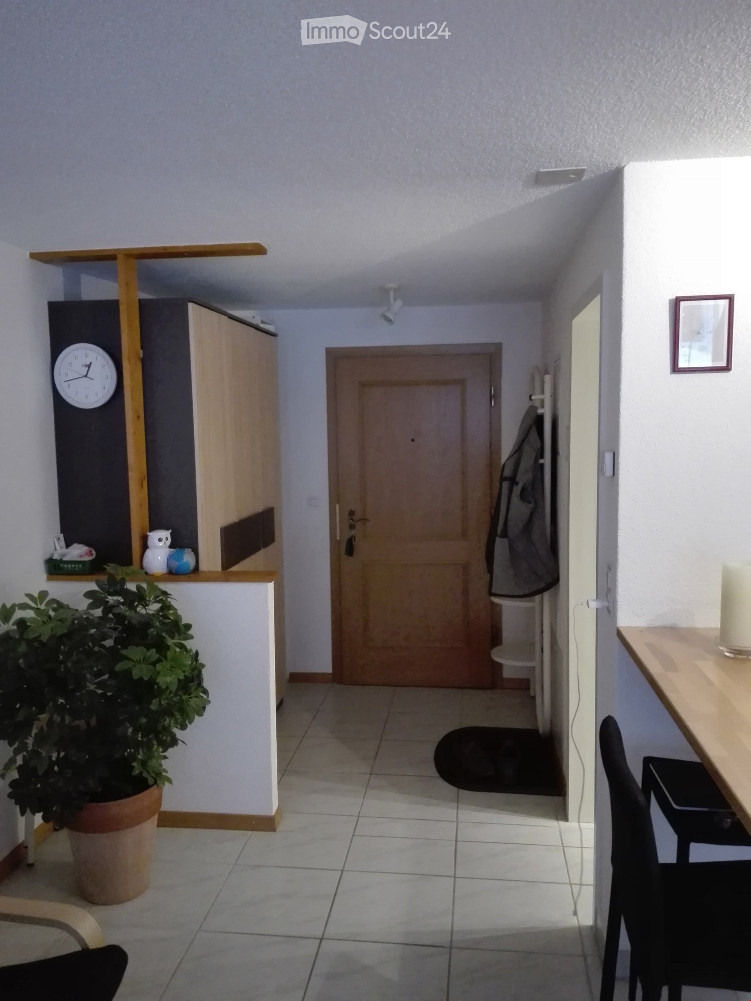 Empty room, entrance door, wooden table, cabinet with clock, white tiles, potted plant