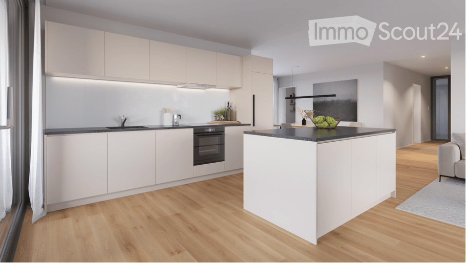 Modern kitchen with white cabinets, black countertop, island, sink, faucet, oven, and a small seating area with a sofa and rug.